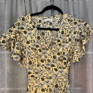 MAX STUDIO Floral, Yellow, Wrap, Midi Dress, Ruffle Sleeves, size Small